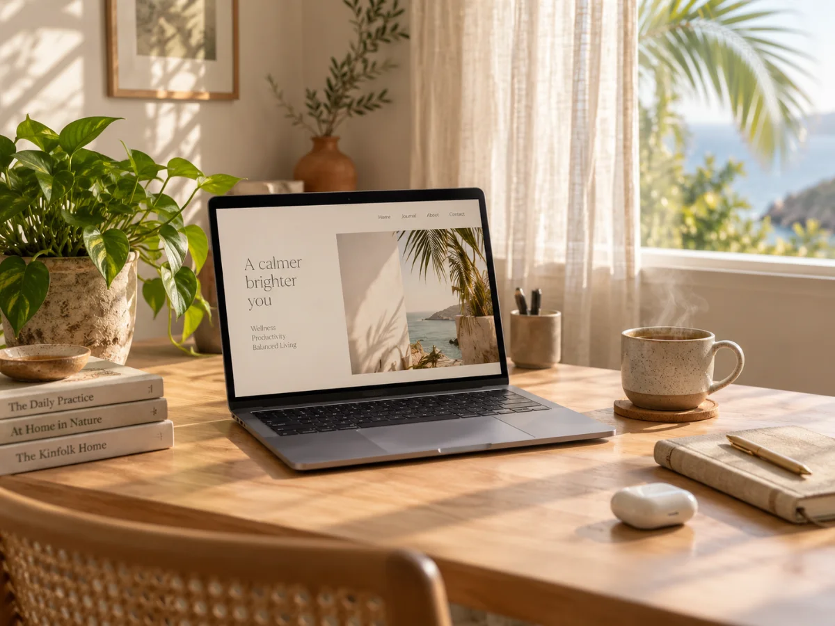 A calm home-office desk with a laptop and a cup of tea